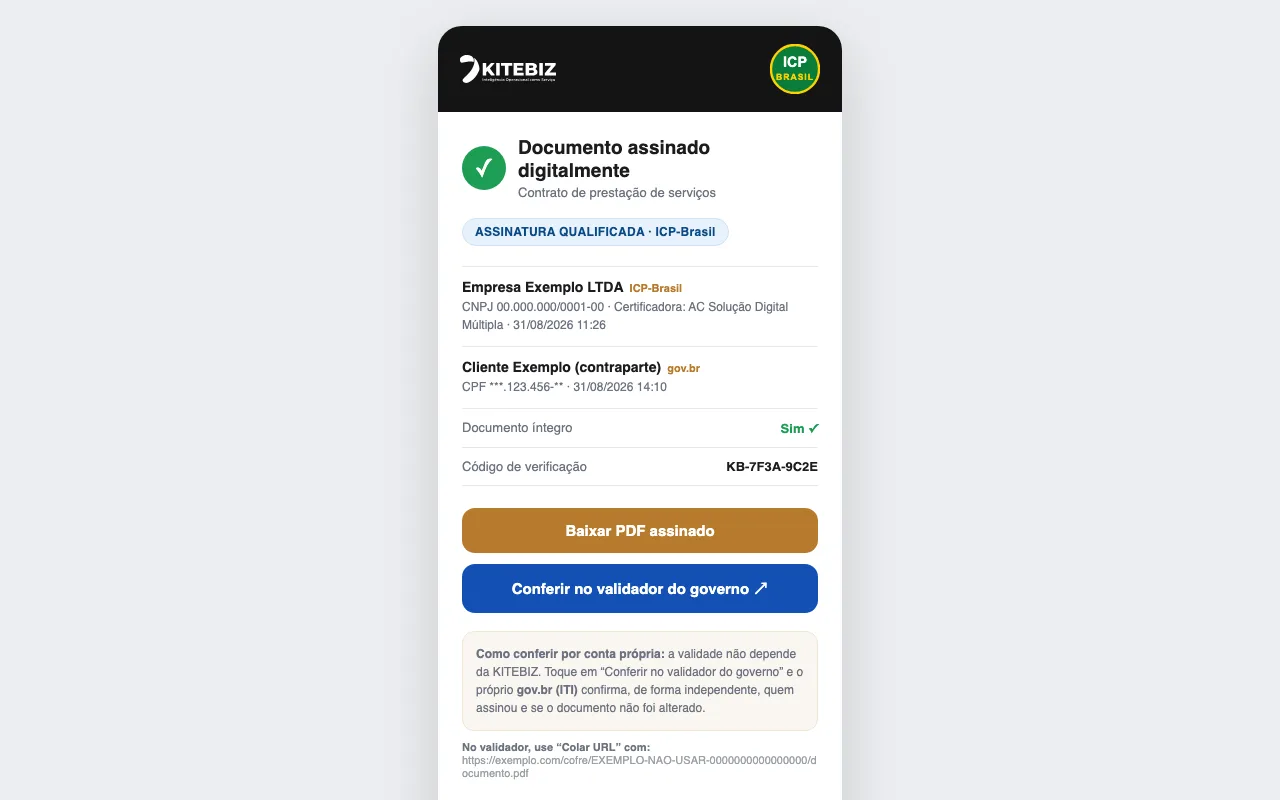 Comprovante de assinatura gerado pelo cofre